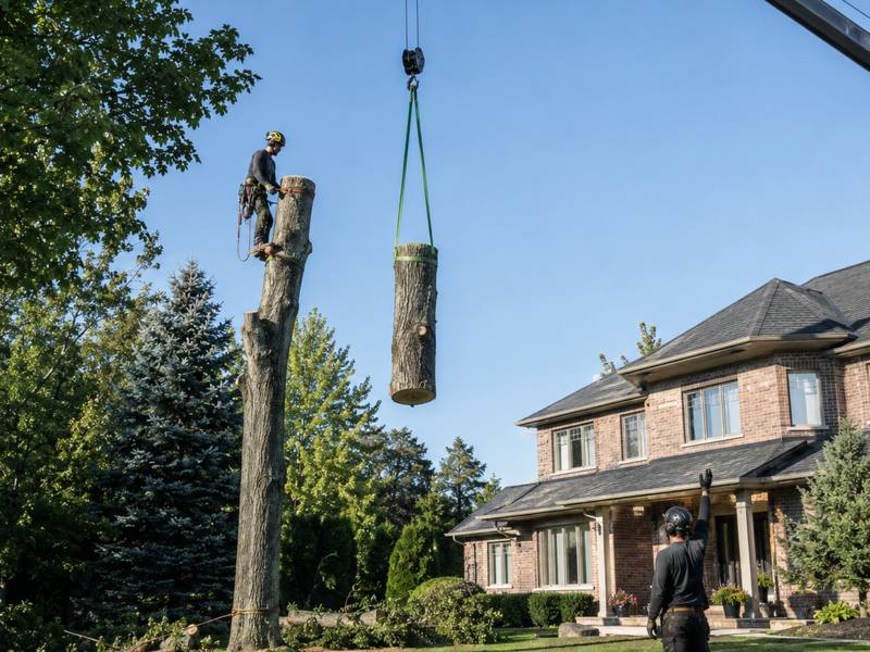 Bucket truck positioned for tree removal on a narrow Cabbagetown street