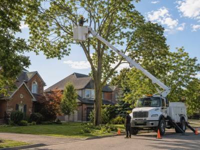 Crew lowering a cut branch with rope to protect the yard below