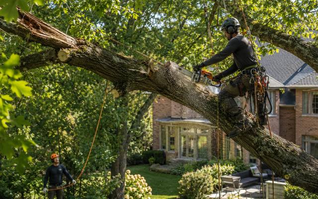 Front yard tree showing storm damage after a wind event